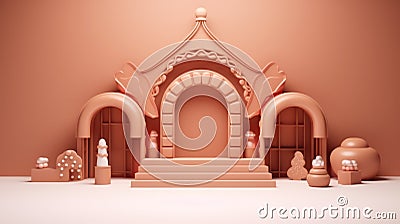 Gingerbread background 3d render style of a Christmas podium stage for product. Brown cookie color, winter baking Cartoon Illustration