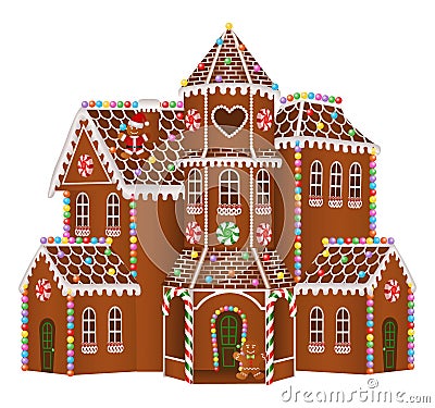 Gingerbread big house with christmas candies, gingerbread man and gingerbread tree Vector Illustration