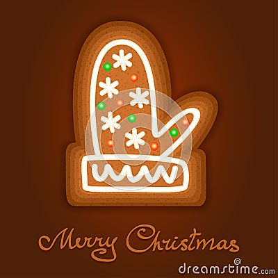 Gingerbread Christmas mitten decorated icing. Holiday cookie Vector Illustration