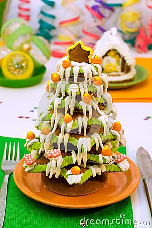 Gingerbread Christmas tree and house Stock Photo