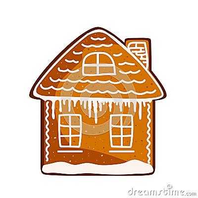 Gingerbread cookie house in cartoon style. Holiday winter symbol, festive treats. Christmas, winter homemade sweets in Vector Illustration