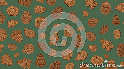Gingerbread cookie pattern on dark green background. Traditional winter biscuit cookies with ornament. Christmas or New Year Stock Photo