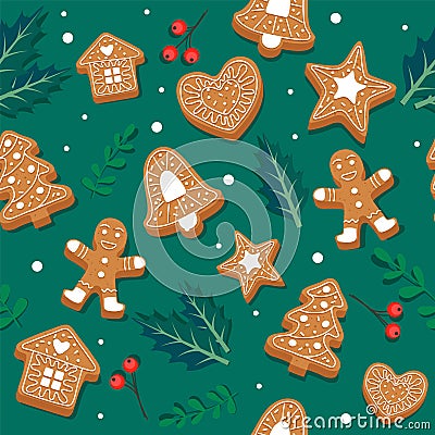 Gingerbread cookie pattern. Festive background with leaves and berries. Vector illustration in flat style Vector Illustration