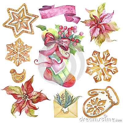 Set of christmas elements. Watercolor illustration. Stock Photo