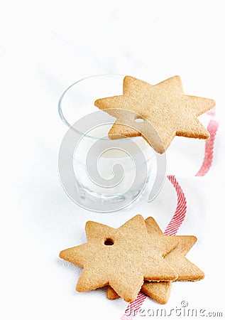 Gingerbread cookies and a Glass of Milk. Christmas time. Stock Photo