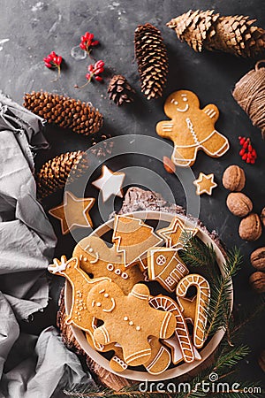Gingerbread cookies on a gray background. Christmas cookies. Stock Photo