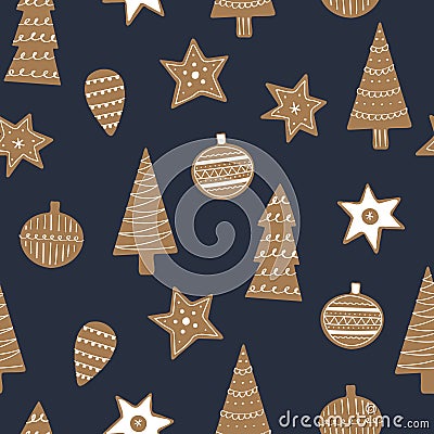 Gingerbread cookies seamless pattern for Christmas. Cozy childish xmas print. Vector Illustration