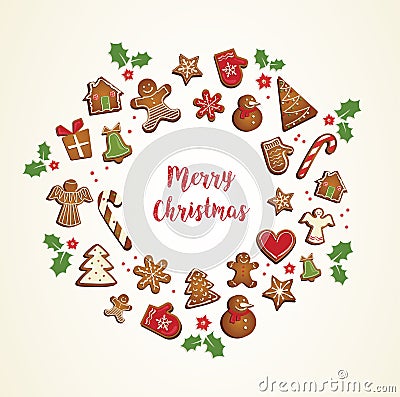 Gingerbread cookies set arranged in as holiday round frame Vector Illustration