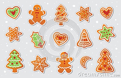 Gingerbread cookies. Stickers set. Winter homemade sweets Vector Illustration
