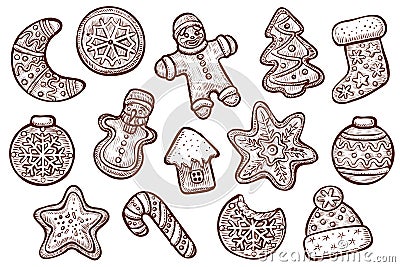 Gingerbread cookies vector, line drawings. Christmas gingerman, icing sweet house. Vector Illustration