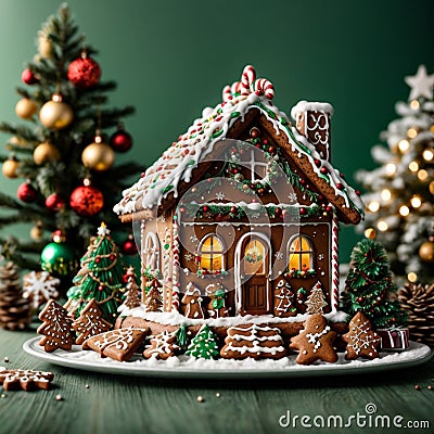 A Gingerbread decorated Christmas house AI Stock Photo