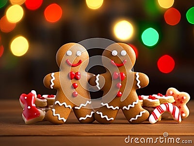 Gingerbread Family Cookies and candy Canes at wooden table with red green bokeh background Stock Photo