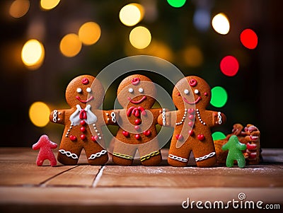 Gingerbread Family Cookies and candy Canes at wooden table with red green bokeh background Stock Photo