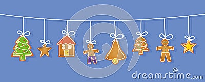 Gingerbread hanging set star house man christmas tree bell Vector Illustration