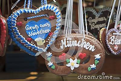 Gingerbread heart and pretzel with greetings from Munich Editorial Stock Photo