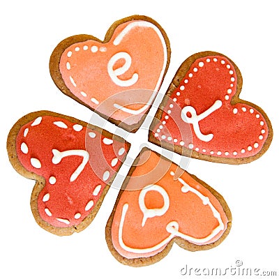 4 gingerbread hearts with `Love` caption Stock Photo