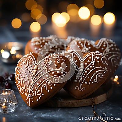 gingerbread hearts on a wooden background. tinting. selective focus Stock Photo