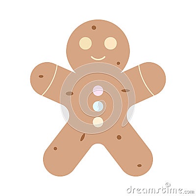 Gingerbread gingerbread holiday cookies or cookies flat vector. Christmas gingerbread man with smile and colored buttons Vector Illustration