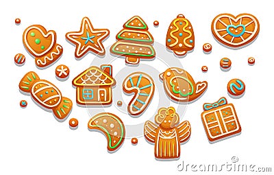 Gingerbread holidays cookies font alphabet. Christmas or New Year winter food with glazed sugar. Gingerbread cookies in shape Vector Illustration