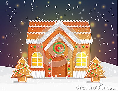 Gingerbread house Christmas night scene Vector Illustration