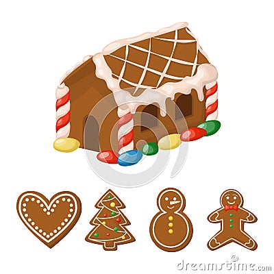 Gingerbread house christmas sweet traditional holiday food candy dessert cookie vector illustration. Vector Illustration