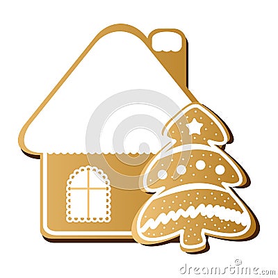 Gingerbread house and Christmas tree vector icon Vector Illustration