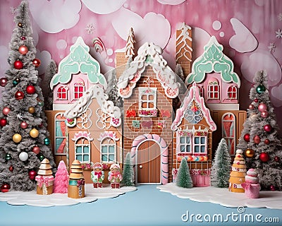 Gingerbread house with colorful decorations is an anniversary smash cake backdrop. Cartoon Illustration