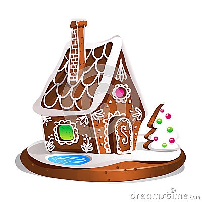 Gingerbread house decorated candy icing and sugar. Christmas cookies, traditional winter holiday xmas homemade baked sweet food ve Cartoon Illustration