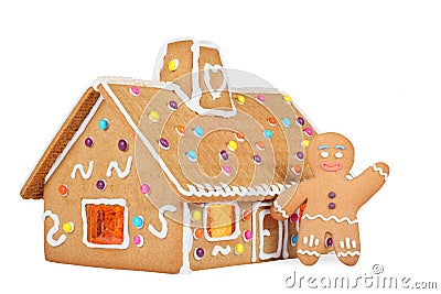 Gingerbread House with Gingerbread Man, Isolated Stock Photo