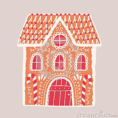 Gingerbread house isolated on light background. Decorative confection shaped like building. Beautiful delicious dessert Vector Illustration