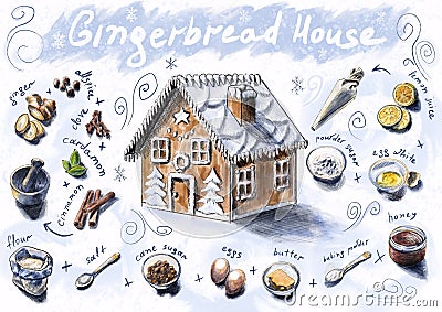 Gingerbread house recipe for Christmas and New Year. Sketch with drawn ingredients for making baking. Ginger, cinnamon Stock Photo