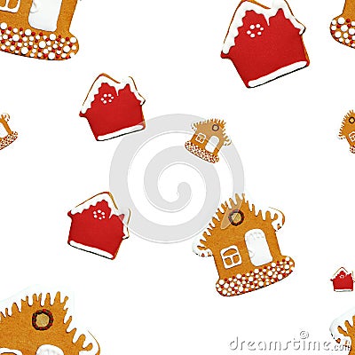 Gingerbread house seamless pattern isolated on white background. Christmas red and brown homemade biscuit with white icing. Ginger Stock Photo
