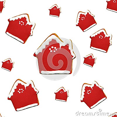 Gingerbread house seamless pattern isolated on white background. Christmas red homemade biscuit with white icing. Ginger cookies Stock Photo