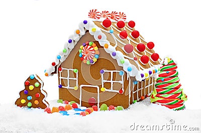 Gingerbread house in snow Stock Photo