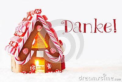 Gingerbread House, White Background, Danke Means Thank You Stock Photo