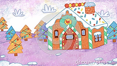 Gingerbread House Winter Christmas Holiday Season Crayon Drawing and Doodling Hand-drawn Illustration Stock Photo