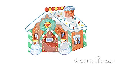 Gingerbread House Winter Christmas Holiday Season Crayon Drawing and Doodling Hand-drawn Illustration. Stock Photo