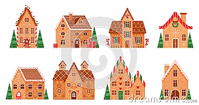 Gingerbread houses set, ginger cookie and sweet candy collection for greeting cards Vector Illustration