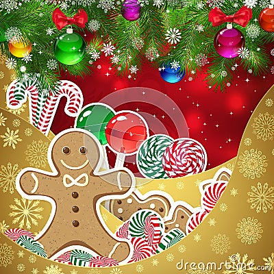 Gingerbread man on the background of sweets, decorated Christmas balls branches. Vector Illustration
