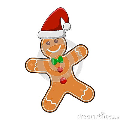 Gingerbread man cartoon illustration isolated on white background. Christmas ginger cookie figure. Cute smiling biscuit with red Vector Illustration