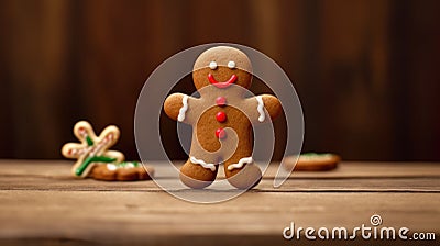 Gingerbread man dancing on the wooden kitchen table, copy space Stock Photo