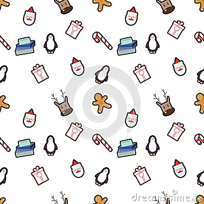 Gingerbread man, deer head, gift box, penguin, candy cane, present box, Santa head seamless pattern background. Perfect for winter Vector Illustration