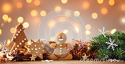 Gingerbread man and gingerbread cookie on bokeh background. Christmas banner Stock Photo