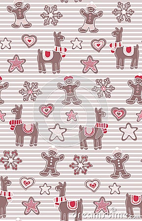 Gingerbread man and llamas seamless vector pattern on stripes background. Cute vector background for New Years day Vector Illustration