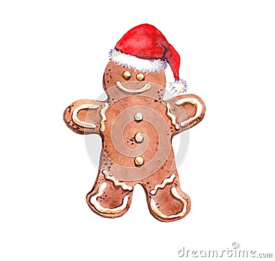 Gingerbread man in red holiday hat. Watercolor ginger cookies for Christmas Stock Photo