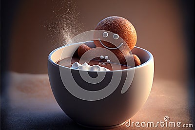 Gingerbread man sitting in a cup of hot cocoa Stock Photo