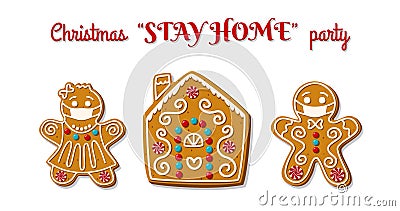 Gingerbread man and woman in face mask on stay home party. Christmas homemade cookies. The symbol is new normal. Vector Vector Illustration