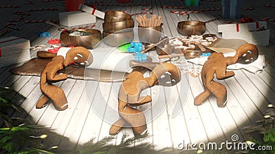 Gingerbread Mannen dansen midden in een feestelijke kersttafel Het concept van de viering Loopende animatie royalty-vrije illustratie Gingerbread Mannen dansen midden in een feestelijke kersttafel Het concept van de viering Loopende animatie royalty-vrije illustratie