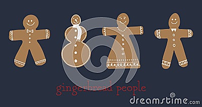 Gingerbread people cookies set: man, woman, snowman. Cute cartoon cheerful characters. Vector Illustration