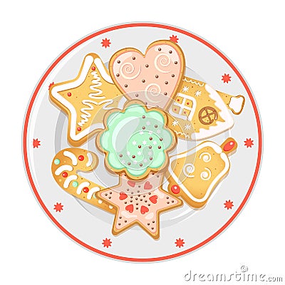 Gingerbread on porcelain dish with red border. Christmas treats. Vector Illustration